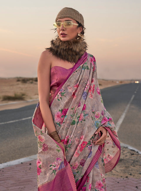 Grey Woven Linen Silk Saree With Floral Print
