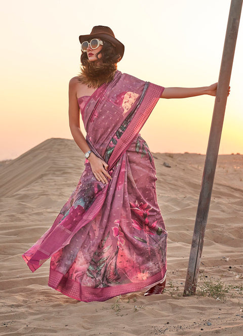 Purple Woven Linen Silk Saree With Floral Print