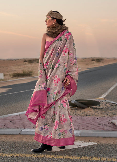 Grey Woven Linen Silk Saree With Floral Print