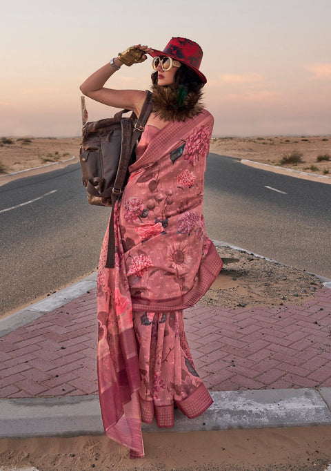 Red Woven Linen Silk Saree With Floral Print
