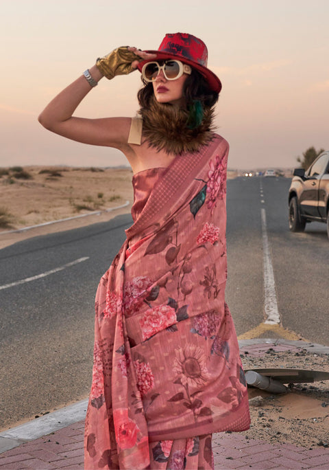 Red Woven Linen Silk Saree With Floral Print