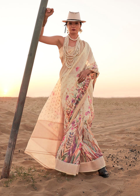 Cream Woven Linen Silk Saree With Floral Print