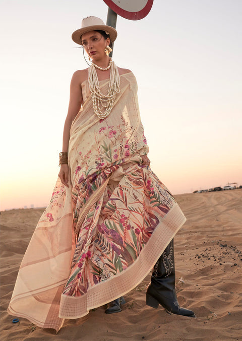 Cream Woven Linen Silk Saree With Floral Print