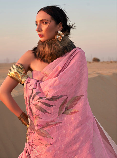Pink Woven Linen Silk Saree With Floral Print