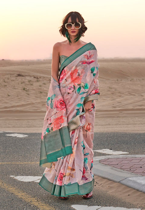 Pink Woven Linen Silk Saree With Floral Print