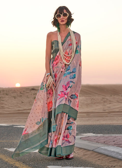 Pink Woven Linen Silk Saree With Floral Print