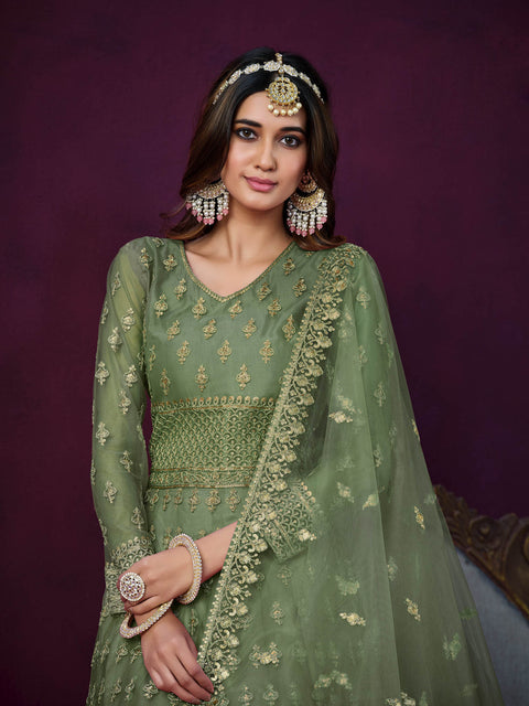 Green Embellished With Embroidered Net Anarkali Suit
