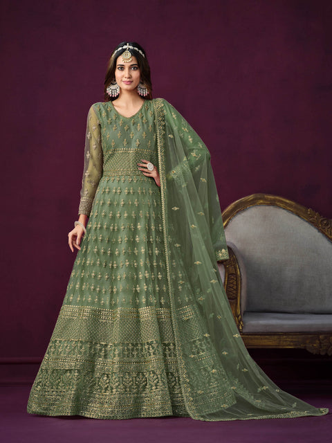 Green Embellished With Embroidered Net Anarkali Suit