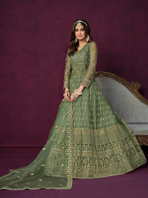 Green Embellished With Embroidered Net Anarkali Suit