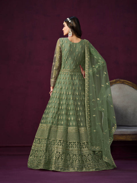 Green Embellished With Embroidered Net Anarkali Suit