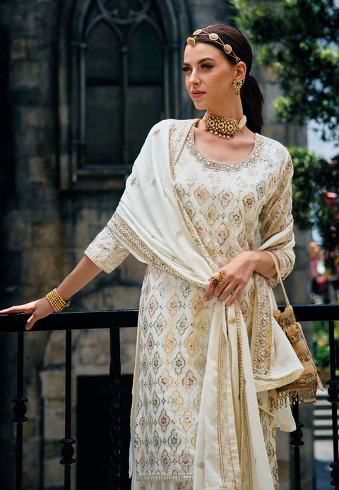 Off White Hand Work Embroidered Chinon Palazzo Style Suit