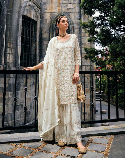 Off White Hand Work Embroidered Chinon Palazzo Style Suit