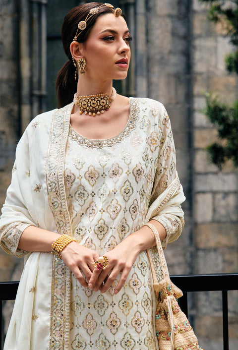 Off White Hand Work Embroidered Chinon Palazzo Style Suit