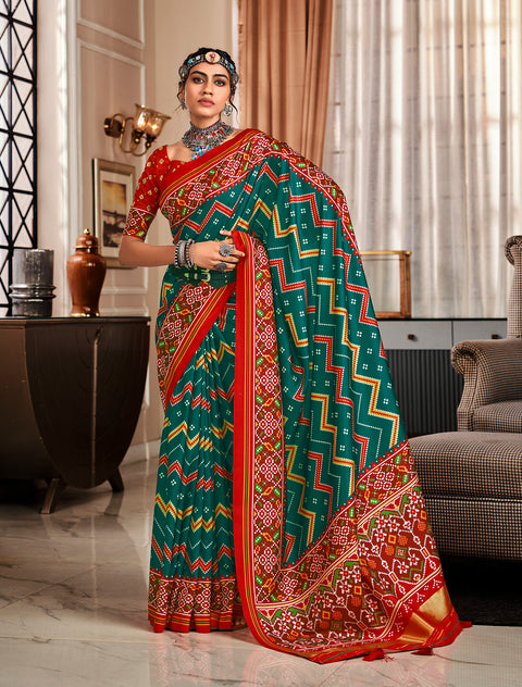 Green And Red Printed Patola Silk Saree