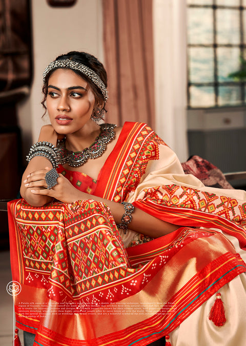 Beige And Red Printed Patola Silk Saree