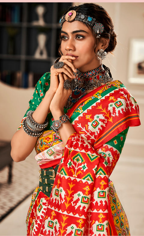 Yellow And Red Printed Patola Silk Saree