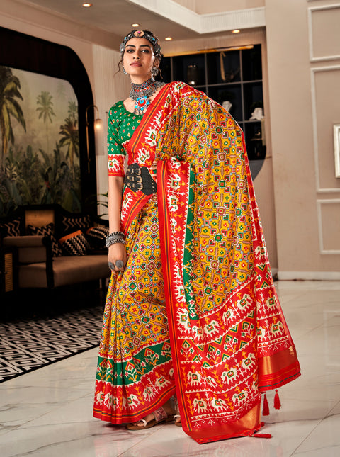 Yellow And Red Printed Patola Silk Saree