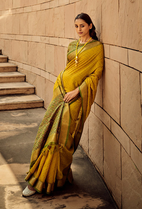 Mustard Yellow Woven Banarasi Patola Silk Saree