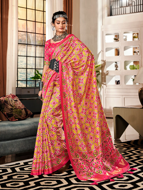 Peach And Yellow Printed Patola Silk Saree