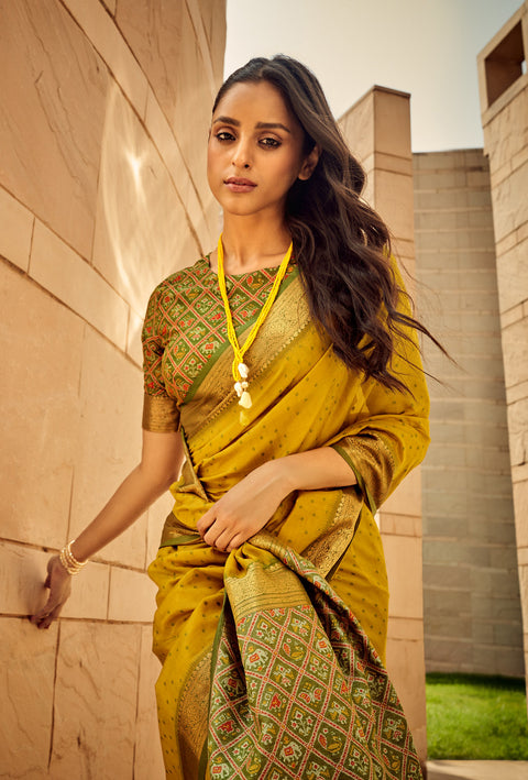 Mustard Yellow Woven Banarasi Patola Silk Saree