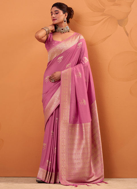Pink Tussar Silk Weaving Work Festival Wear Saree