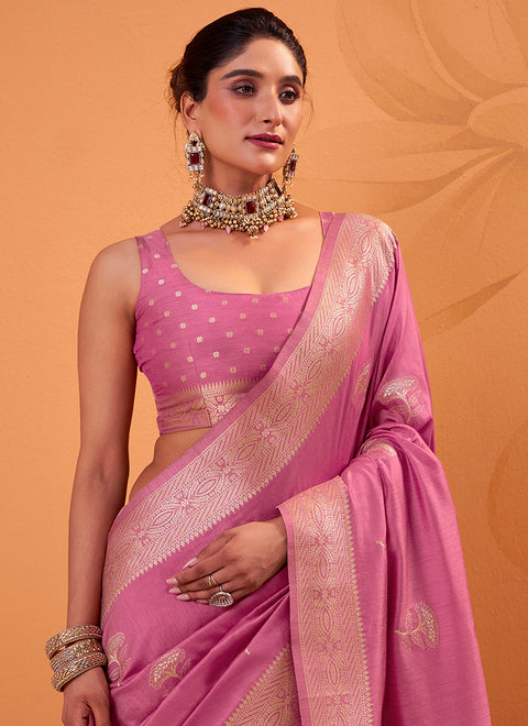 Pink Tussar Silk Weaving Work Festival Wear Saree