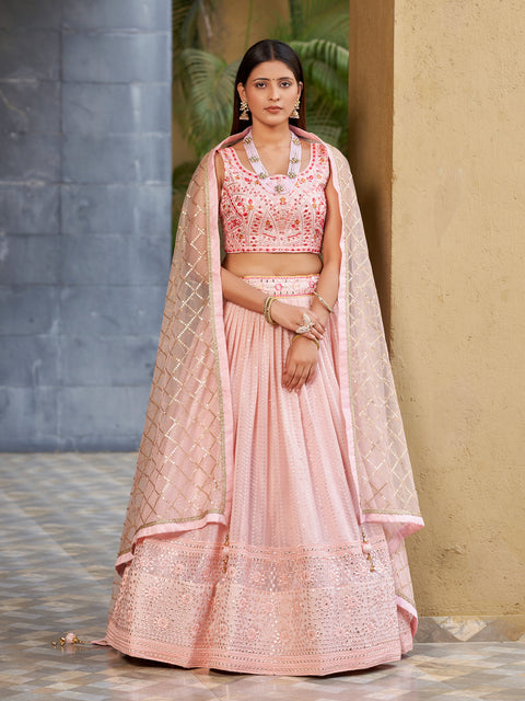 Pink Embroidered Georgette Lehenga Choli