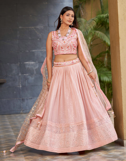 Pink Embroidered Georgette Lehenga Choli
