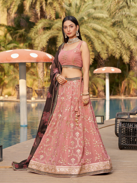 Pink Sequins Embroidered Georgette Lehenga Choli