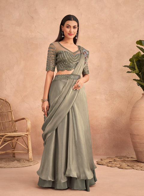 Grey Sequins Embroidered Ready to Wear Art Silk Saree