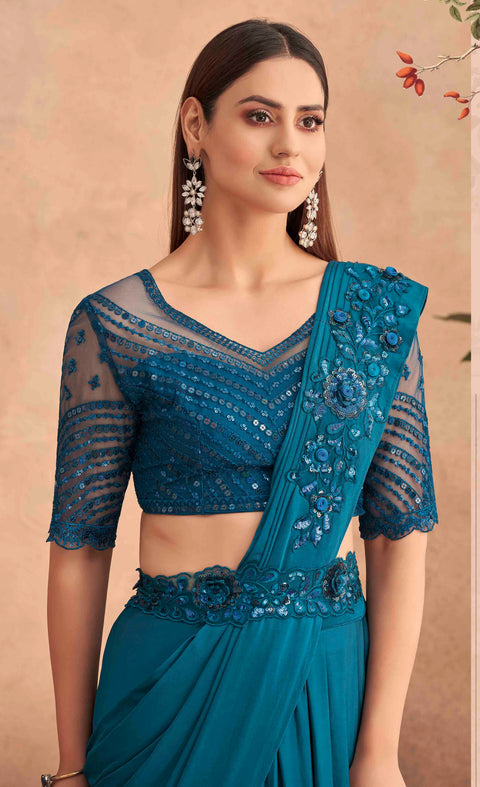 Teal Blue Sequins Embroidered Ready to Wear Lycra Saree