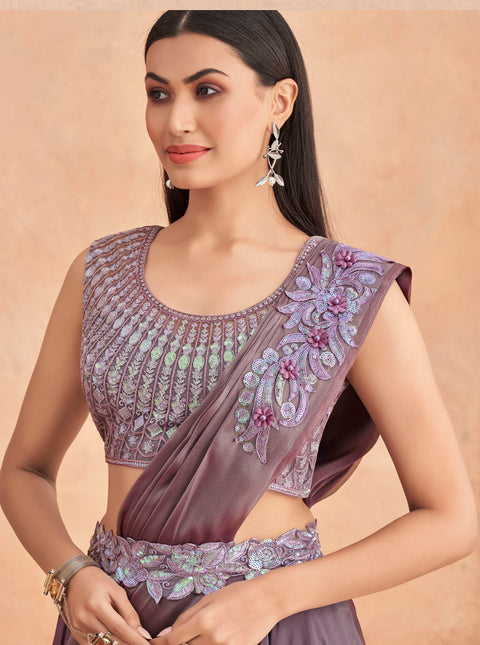 Mauve Sequins Embroidered Ready to Wear Art Silk Saree