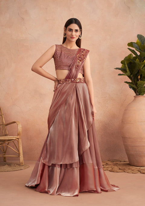 Salmon Pink Sequins Embroidered Ready to Wear Art Silk Saree