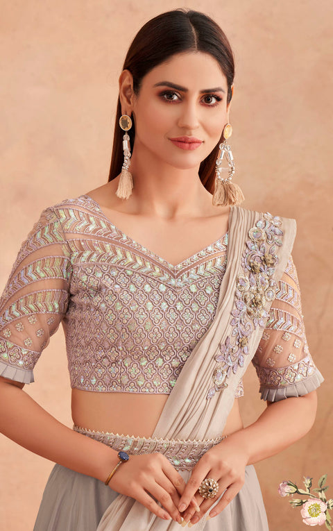 Light Grey Sequins Embroidered Ready to Wear Art Silk Saree