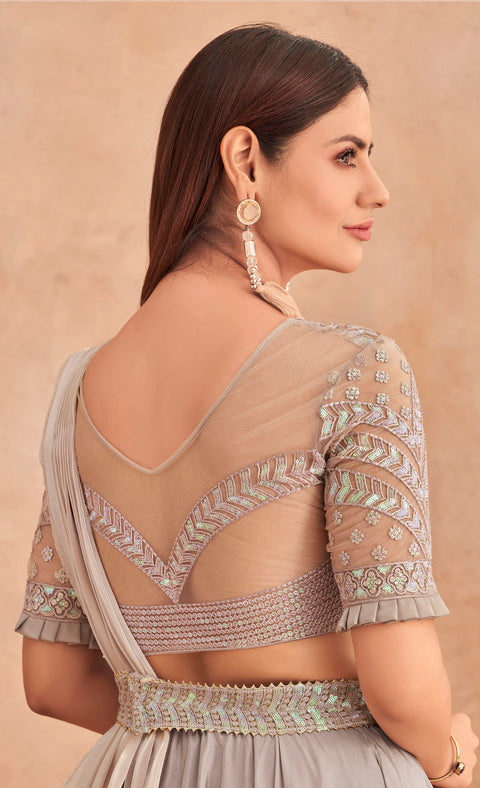 Light Grey Sequins Embroidered Ready to Wear Art Silk Saree