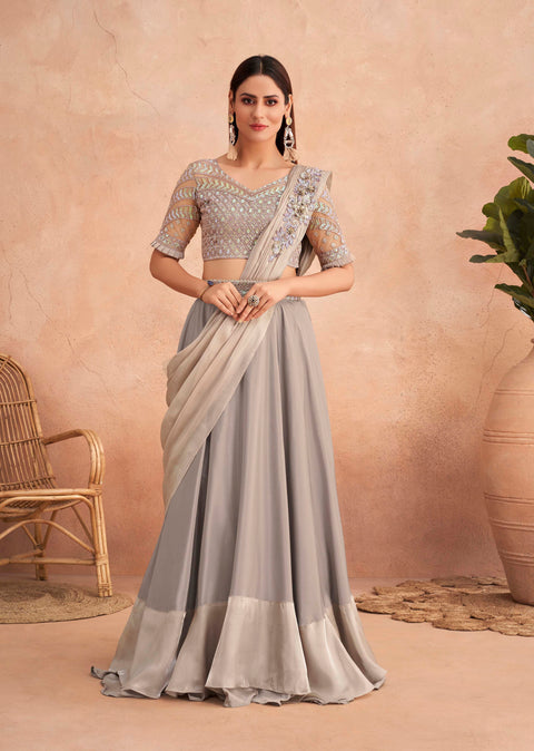 Light Grey Sequins Embroidered Ready to Wear Art Silk Saree