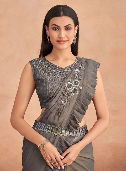 Grey Sequins Embroidered Ready to Wear Georgette Saree