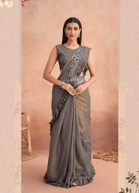 Grey Sequins Embroidered Ready to Wear Georgette Saree