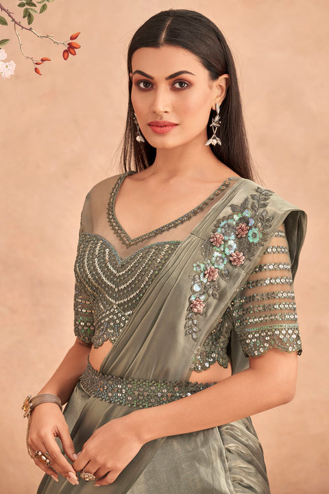 Grey Sequins Embroidered Ready to Wear Art Silk Saree