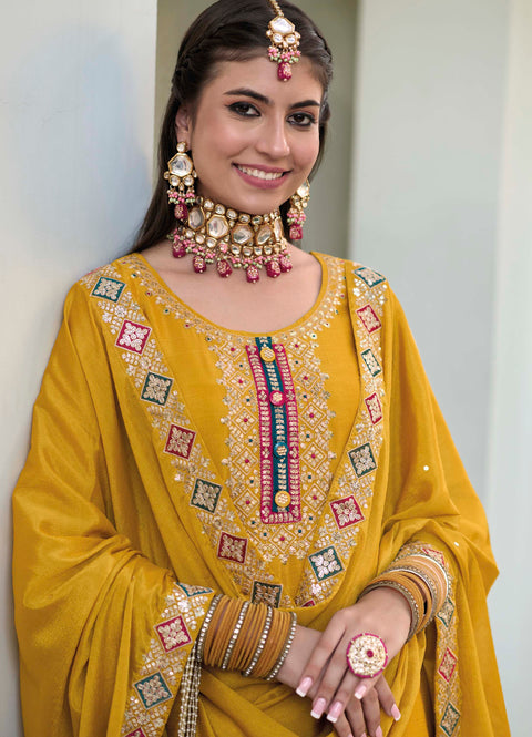 Splendid Yellow Embroidered Chinon Party Wear Palazzo Suit