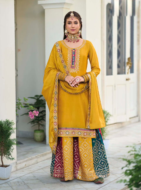 Splendid Yellow Embroidered Chinon Party Wear Palazzo Suit