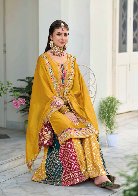 Splendid Yellow Embroidered Chinon Party Wear Palazzo Suit
