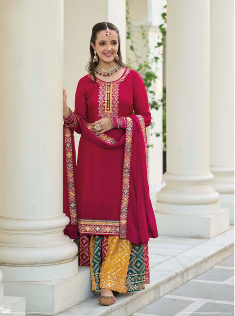 Lovely Magenta Embroidered Chinon Party Wear Palazzo Suit