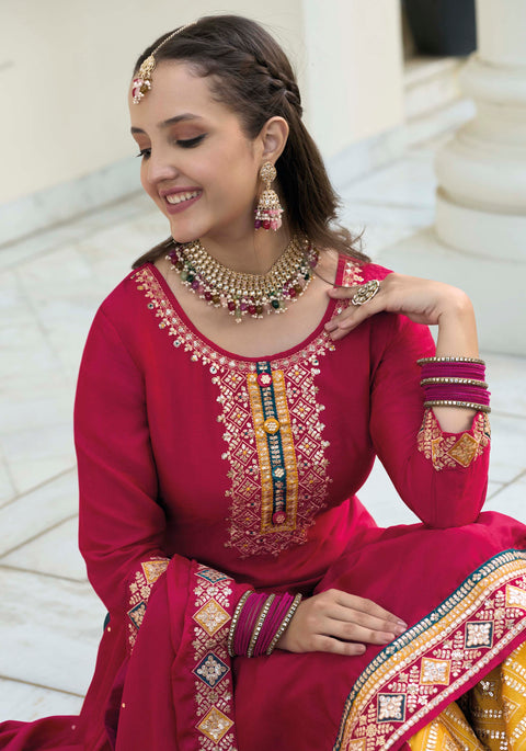 Lovely Magenta Embroidered Chinon Party Wear Palazzo Suit