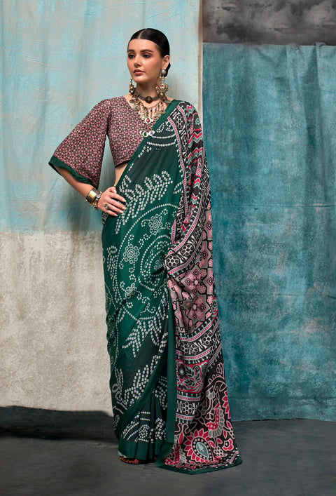 Green Satin Crepe Printed Silk Saree