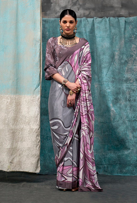 Grey and Purple Satin Crepe Printed Silk Saree