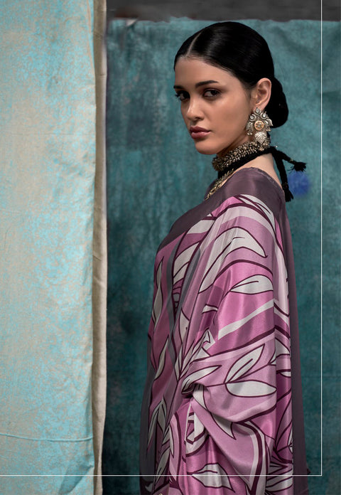 Grey and Purple Satin Crepe Printed Silk Saree