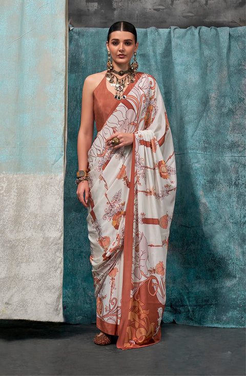 White And Brown Satin Crepe Printed Silk Saree