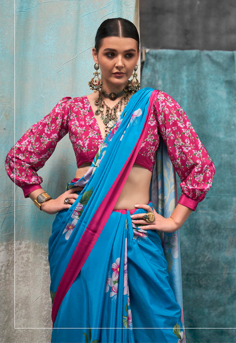 Blue Satin Crepe Printed Silk Saree