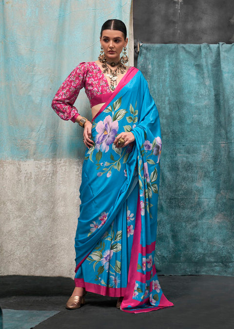 Blue Satin Crepe Printed Silk Saree